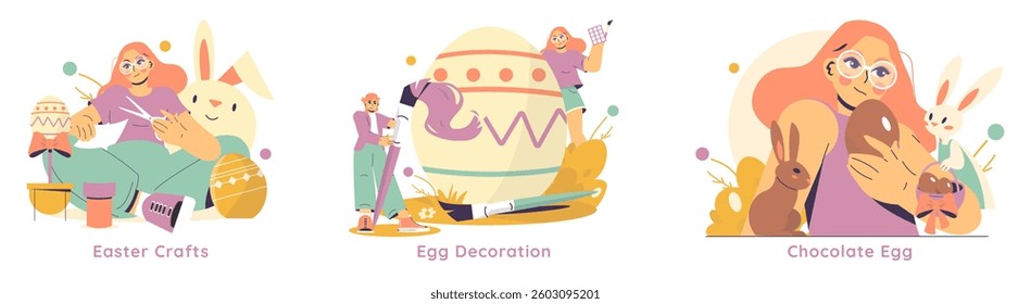 Easter celebration illustration highlighting festive activities like crafting, egg decoration, and enjoying chocolate eggs. It captures the joy of creating sweet memories during the holiday. Vector