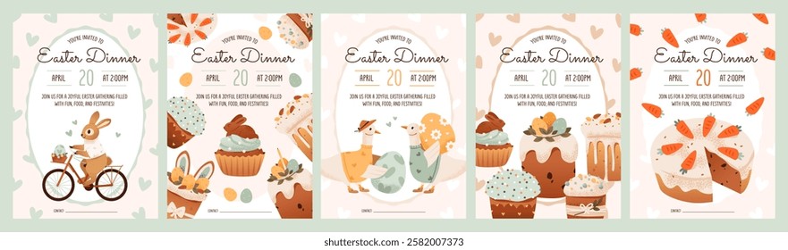 Easter celebration invitation postcards set. Easter holiday composition with traditional baked goods, cute animals, and festive elements. Flat vector illustration.