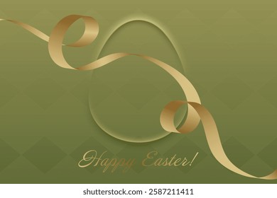 Easter Celebration. Luxurious gold ribbon moves across a golden-green background, forming a stylish greeting card for the Easter holiday.