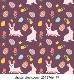 Easter celebration pattern with bunnies and colorful eggs for festive design.