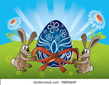 easter celebration with playing bunnies and painted egg