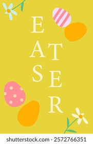 Easter celebration poster design with colorful eggs and flowers.