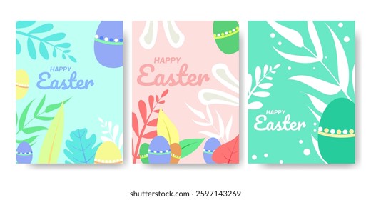 Easter Celebration poster greeting design with leaves, bunny, eggs. Vector illustration