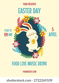 Easter celebration poster with a smiling rabbit in a flower wreath and a colorful egg.Celebrating spring for a family event.Vector illustration