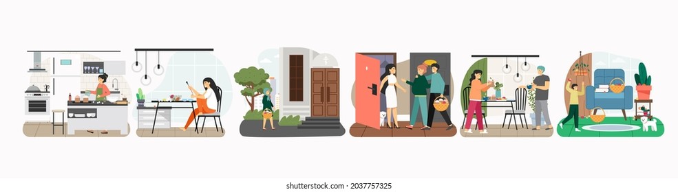 Easter celebration scene set, flat vector illustration. Happy people baking Easter cake, painting eggs, welcoming guests