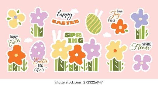 Easter celebration set of sticker, spring eve, hand drawn elements, modern vector illustration