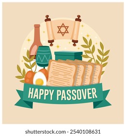 Easter celebration with traditional food. Matzot, wine, and Easter eggs. Passover day concept. Flat vector illustration.