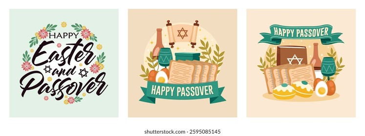 Easter celebration with traditional food. Matzot, wine, and Easter eggs. Passover celebration with matzot, eggs, and wine.  Passover Day concept. Set flat vector illustration.