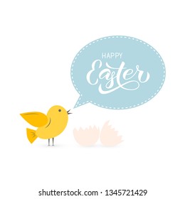 Easter celebration typography poster with cute chicken hatched from an egg and lettering Happy Easter. Spring holidays.  Easy to edit vector template for party invitation, greeting card, banner.