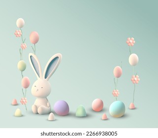 Easter celebration vector 3d season background, realistic cute bunny eggs rabbit illustration.