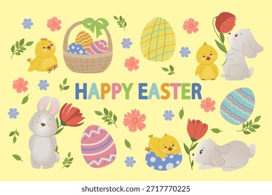 Easter Celebration Vector with Cute Bunnies and Chicks