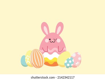 Easter celebration vector icon. Row of colorful painted eggs with a big easter bunny shaped egg in the middle. Cute easter bunny egg smiling. Flat vector illustration.