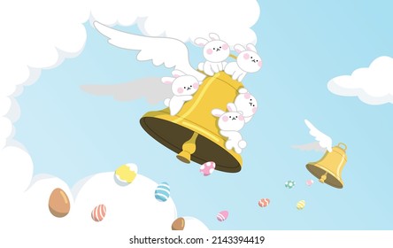 Easter celebration vector illustration. Easter bells with wings  flying in the sky pouring eggs. Easter bunnies sitting on giant flying bells. Christian tradition of Easter bells bringing eggs.