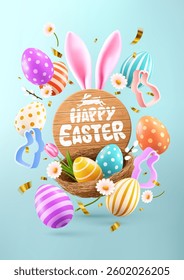 Easter celebration vertical banner template with colorful Easter eggs,bunny ears,wooden Happy Easter sign,floral decorations,golden confetti and cute spring-themed elements on pastel blue background