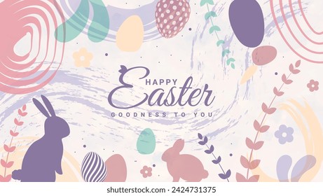 Banner de celebraciones de Pascua: Diseño contemporáneo de Pascua, trazos y puntos pintados a mano, junto con huevos de Pascua y orejas de conejo. Abraza un estilo minimalista moderno, adecuado para carteles horizontales.