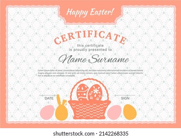 Easter certificate. Bunny behind Easter egg on white background. Easter blank. Vector Illustration