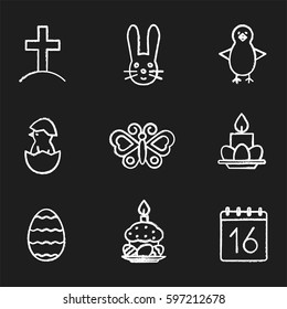 Easter chalk icons set. Cross on hill, newborn chicken in egg shell, Easter bunny, eggs with cake and candles, April 16 calendar, butterfly. Isolated vector chalkboard illustrations