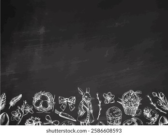 Easter chalkboard background with hand drawn vintage elements in white on black

