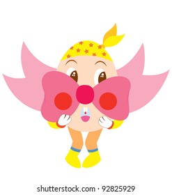 An Easter character  with big ribbon tied around him and wearing a pirate head band.