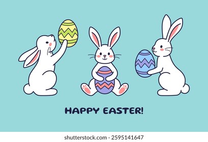 Easter character bunnies, rabbits, hares with painted eggs. Vector flat design, outline illustration. Easter character icon, mascot, sticker. Greeting card, postcard, Happy Easter concept