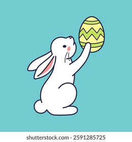 Easter character bunny, rabbit, hare holds painted egg, lifts it up. Vector flat design, outline illustration. Easter character icon, mascot, sticker. Greeting card, Happy Easter concept