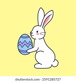Easter character bunny, rabbit, hare holding painted egg. Vector flat design, outline illustration. Easter character icon, mascot, sticker. Greeting card, Happy Easter concept
