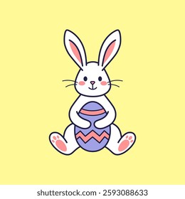 Easter character bunny, rabbit, hare sitting holding painted egg with paws. Vector flat design, outline illustration. Easter character icon, mascot, sticker. Greeting card, Happy Easter concept