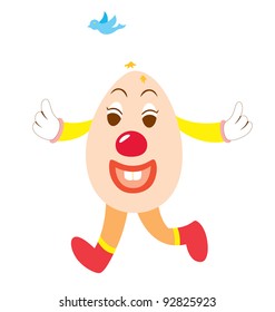 An Easter character depicting a clown walking happily while a bird's drop drop on his head.
