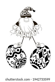 Osterfigur im Doodle-Stil, eine süße Gnome, die eine Gartenlandschaft hält, sagt es - Ostern, er steht auf Ostereiern. Stock-Vektorgrafik einzeln auf weißem Hintergrund.