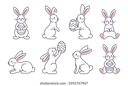 Easter character set. Bunny, rabbit, hare holding with painted egg. Vector flat design, outline illustration. Easter character coloring page. Happy Easter concept collection