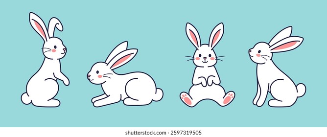 Easter character set. Bunny, rabbit, hare collection. Vector flat design, outline illustration. Easter character icon, mascot, sticker. Happy Easter concept collection. White Rabbit in different poses