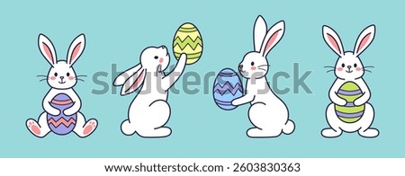Easter character set. Bunny, rabbit, hare holding with painted egg. Vector flat design, outline illustration. Easter character icon, mascot, sticker. Happy Easter concept collection