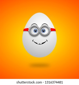 Easter character smiling egg with glasses on a yellow-orange background