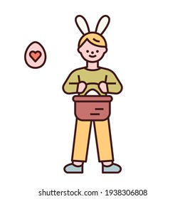 Easter characters. A boy stands with a basket of Easter eggs in his hand. flat design style minimal vector illustration.