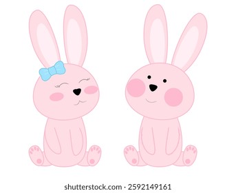 Easter characters bunnies. Cute rabbits pink colors in different positions. Vector illustration isolated on white background