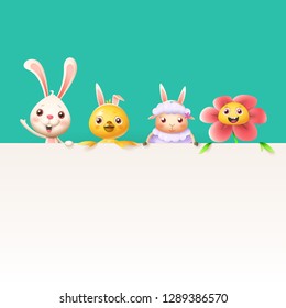 Easter characters bunny chicken sheep and flower on top of billboard - isolated on turqouise background