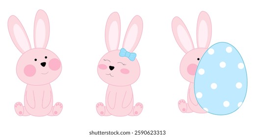 Easter characters bunny. Cute rabbits pink colors in different positions. Vector illustration isolated on white background for banners, card, social media