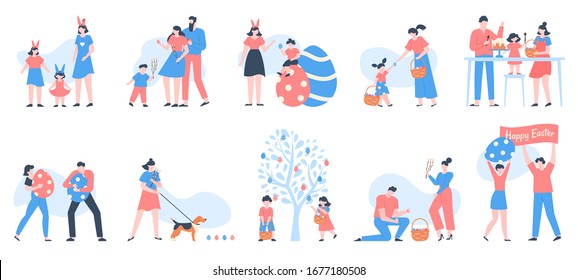 Personajes de Pascua. Gente llevando canastos de huevos, flores y dulces, celebrando a la familia con chicos felices en la ilustración vectorial de caza de huevos. Fiestas de Pascua, celebración familiar