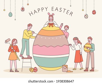 Easter characters. People are decorating Easter eggs together. flat design style minimal vector illustration.