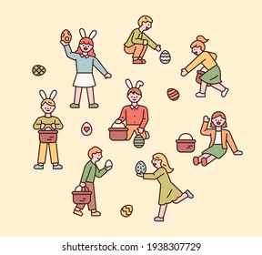 Easter characters. People wear bunny headbands and are looking for Easter eggs. flat design style minimal vector illustration.