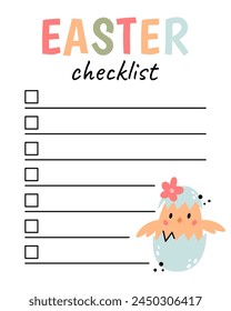 Easter checklist. Organizer and schedule with place for Notes. Planner template. Can use for Planner, Scrapbook, Sheets, notepad. Vector illustration.