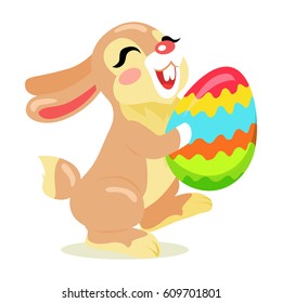 Easter Cheerful Bunny holding painted egg flat design isolated on white. Non-ferrous ball decorated yellow,red,blue,orange and green waves. Vector illustration of funny easter holiday drawn pattern.
