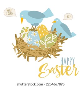 Ostern fröhliche Postkarte mit dem Bild der Vögel in einem Nest mit lackierten Eiern. Wo sind unsere. Design-Elemente für Postkarten, Flyer, Banner, Flyer. Delikate Farbtöne, süße Illustration. Vektorgrafik