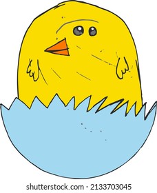 An Easter chick bird breaking out of its egg cartoon character in a young kids or childs drawing style