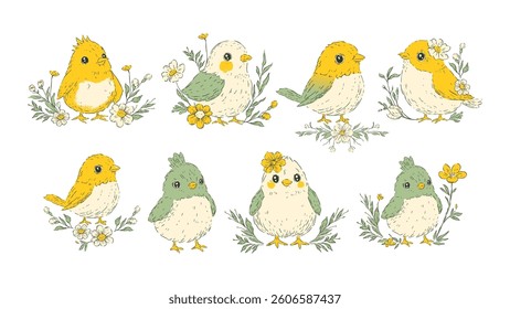 Easter Chick Bird Sketch Set Pastel Floral Chicken Spring Flower Holiday Rustic Folk Art Isolated Vector Collection