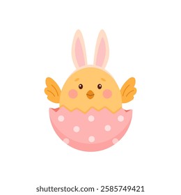 Easter chick with bunny ears on white background.