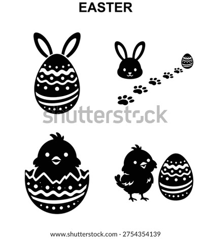Easter chick and Easter bunny icon set with decorated eggs, Easter chick in shell and bunny egg silhouette in black and white vector