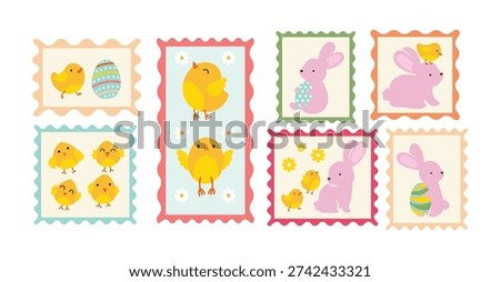 Easter Chick and Bunny Postage Stamp Set Colorful Spring Holiday Vector Illustration