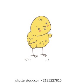 Easter chick or chicken cartoon character in cute kawaii style, hand drawn vector illustration isolated on white background. Funny easter chik bird for cards and prints.