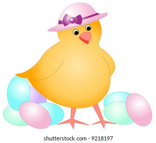 Easter chick with colorful eggs
